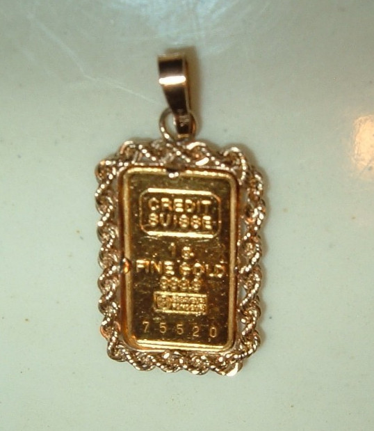1 GRAM 999.9 FINE GOLD CREDIT SUISSE BAR 14 KT ROPE BEZEL 3MM BAIL PENDANT 1.8g