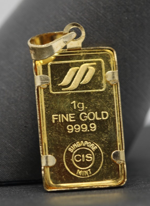 Vintage Singapore Mint 1 Gram .9999 Gold Panda Gram Bar in 14k Gold Bezel