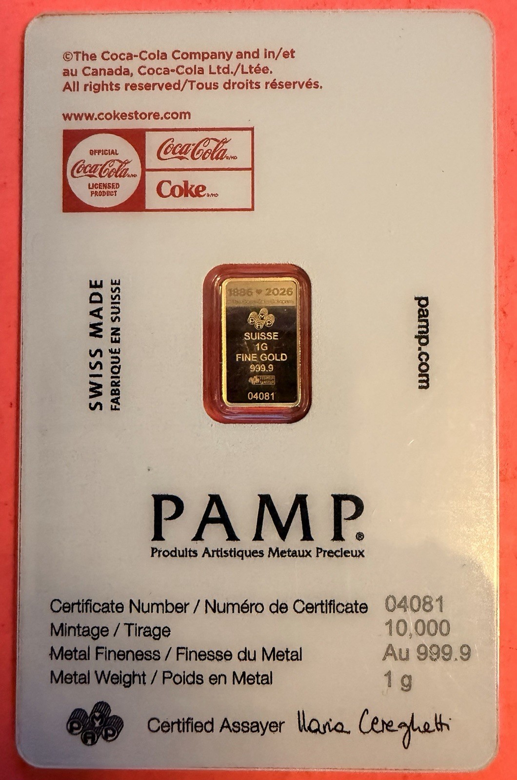 1g Gold Bar PAMP Suisse Coca-Cola Card .9999 Fine Gold Sealed Assay