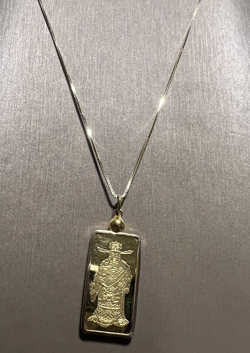 VINTAGE HANG SENG BANK ROYAL MINT 9999 GOLD BAR PENDANT & 14K BOX CHAIN NECKLACE