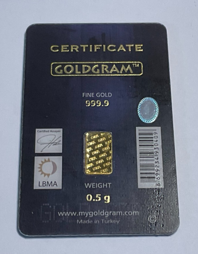 1/2 gram 0.9999 Fine “GoldGram” Bar IGR – 0.5 GRAM Sealed in Assay Card
