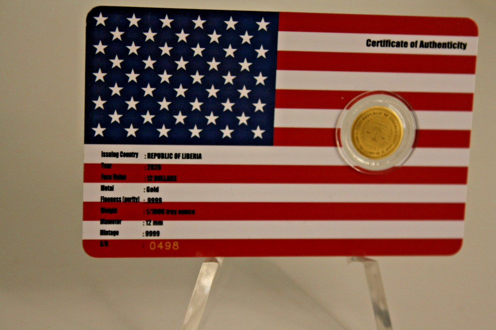 REPUBLIC OF LIBERIA 2026 12 DOLLAR GOLD 1/1000 OZT .9999 USA FLAG $100 BILL