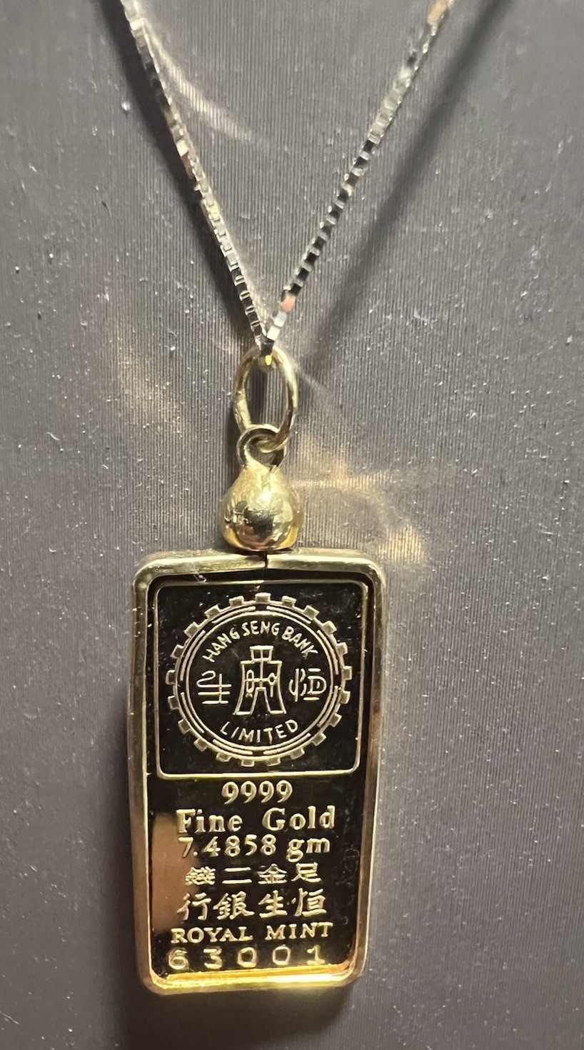 VINTAGE HANG SENG BANK ROYAL MINT 9999 GOLD BAR PENDANT & 14K BOX CHAIN NECKLACE