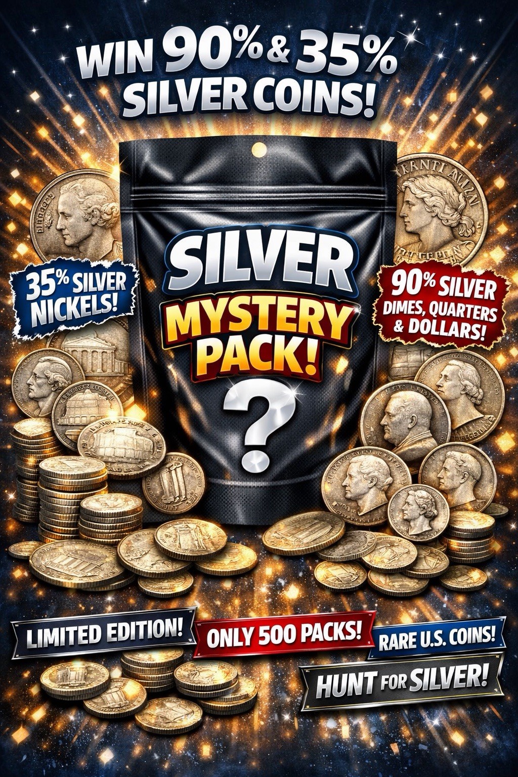 Pre‑1964 Silver Mystery Pack – Win 90% & 35% Silver U.S. Coins! 500 Pack Series