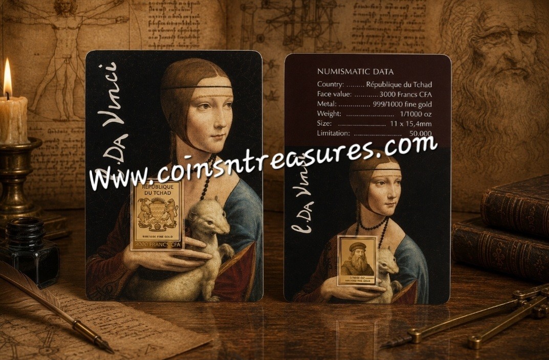 Da Vinci Lady with an Ermine 1/1000 Oz Gold 999 Coin card 3000 Francs Chad 2024