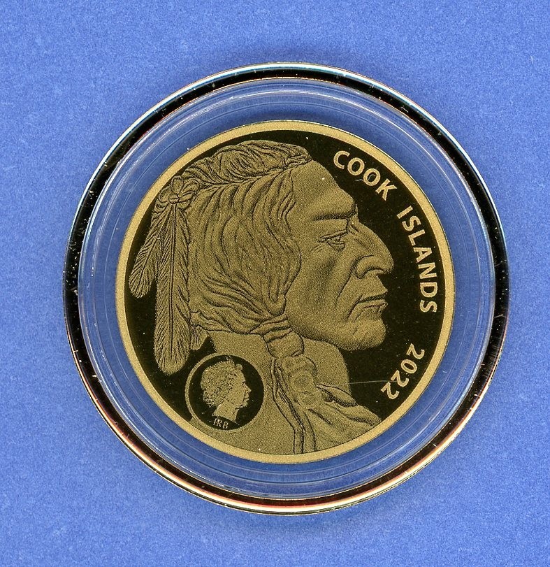 2022 Gold Cook Islands .2g $5 Buffalo Tribute 1 1/4″ Thin Coin #08 200 mg .9999
