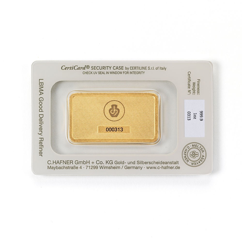 1 oz 1 oz Gold Bar Fine Gold 999.9 – C. Hafner – Certified & Sealed