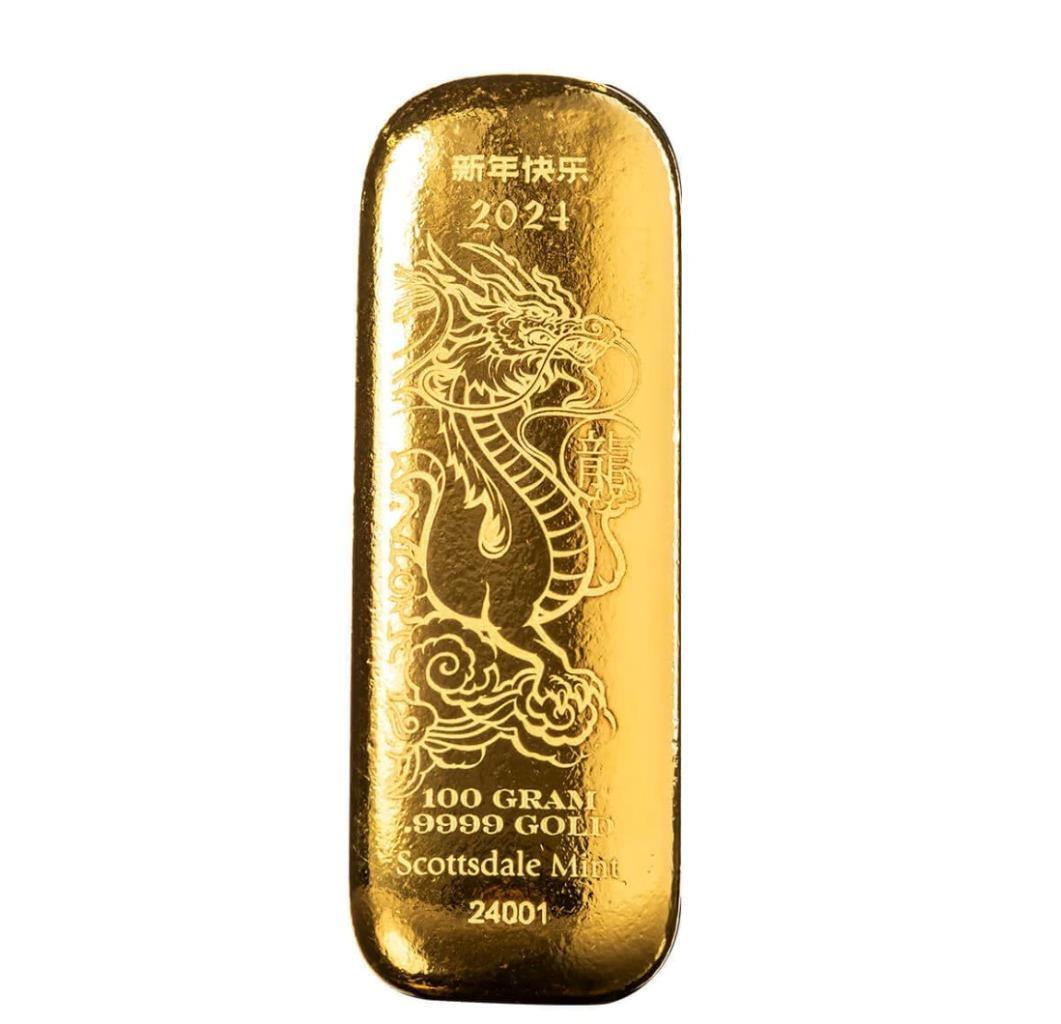 100 gram Gold Bar – 2024 Year of the Dragon 3.2150 oz Gold Bullion Bar #A499