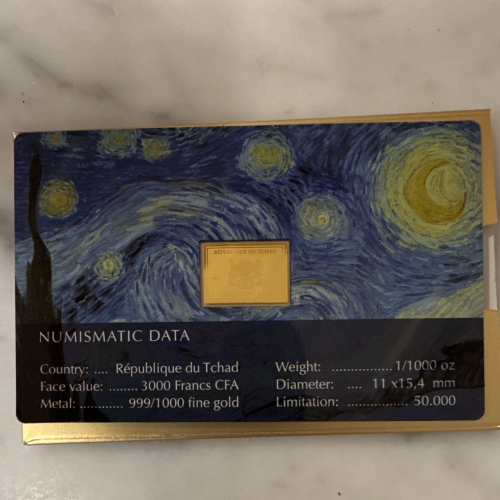 RÉPUBLIQUE DU TCHAD 1/1000 OZ .999 FINE GOLD BAR STARRY NIGHT