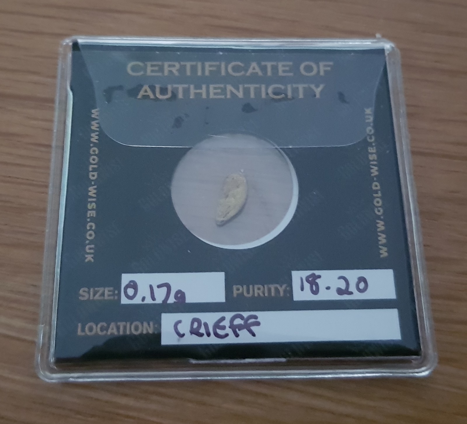 Scottish Gold Nugget Hand Panned by Goldwise 0.17g in COA