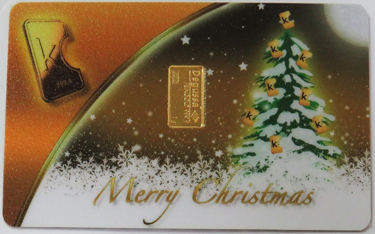 MERRY CHRISTMAS TREE 1 GRAM DESGUSSA KARATBARS 1g GOLD 999.9 BAR IN CARD