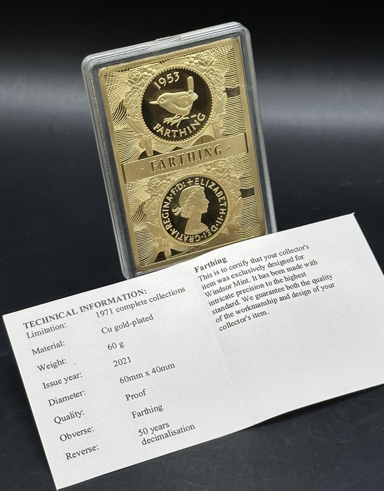 Stunning 2021 Gold Plated Proof 60mm x 40mm One Farthing in protective capsule