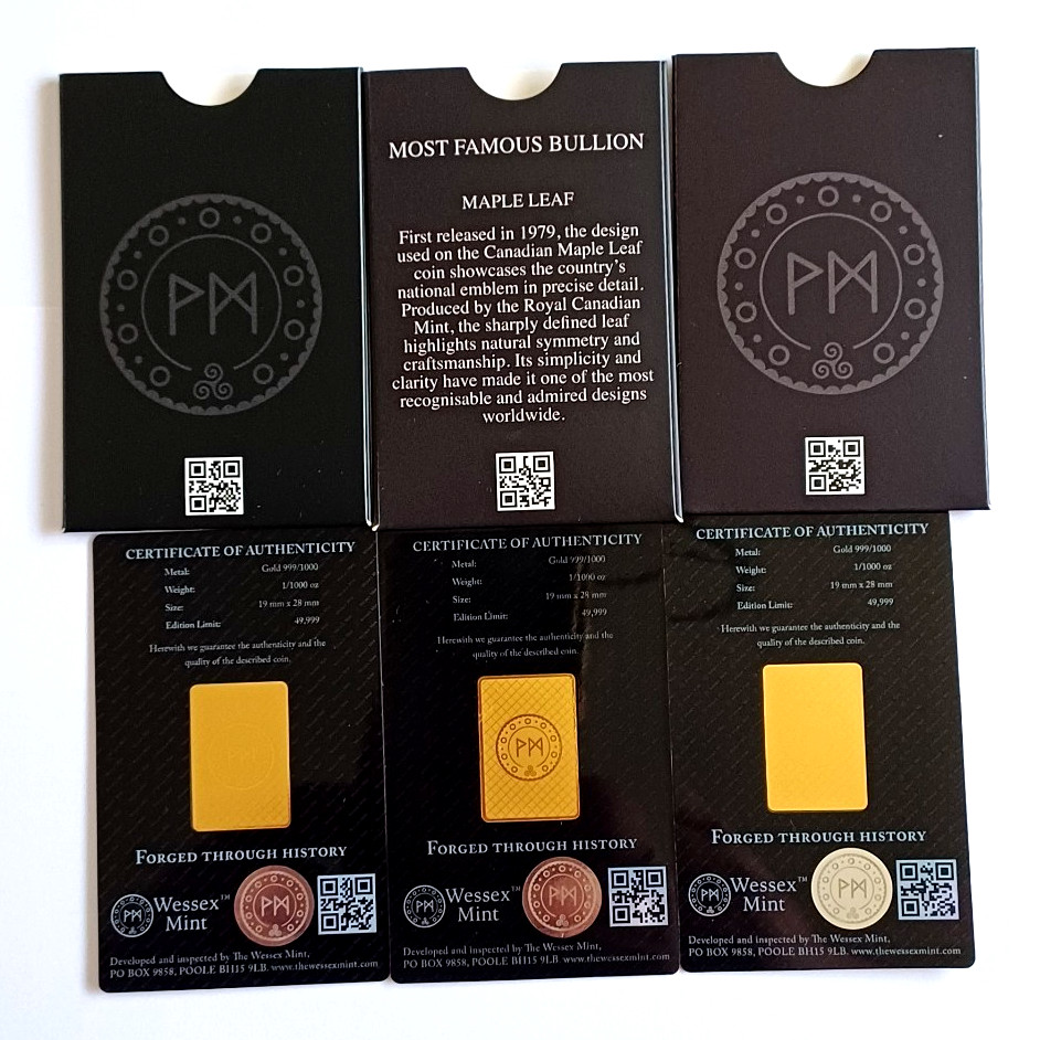 New Wessex Mint 1/1000th oz x 3 Fine Gold Bars Bundle 999.9 24ct RRP 39.99 each