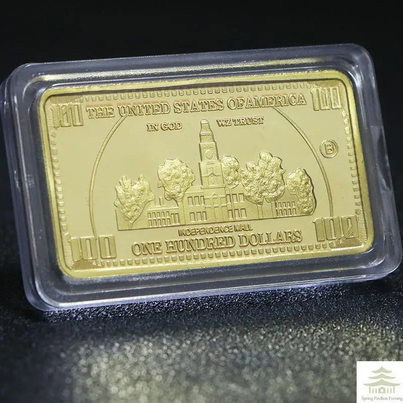 USA 100 Dollar Gold Tone Commemorative Souvenir Bar Metal Collectible w/Gift Box