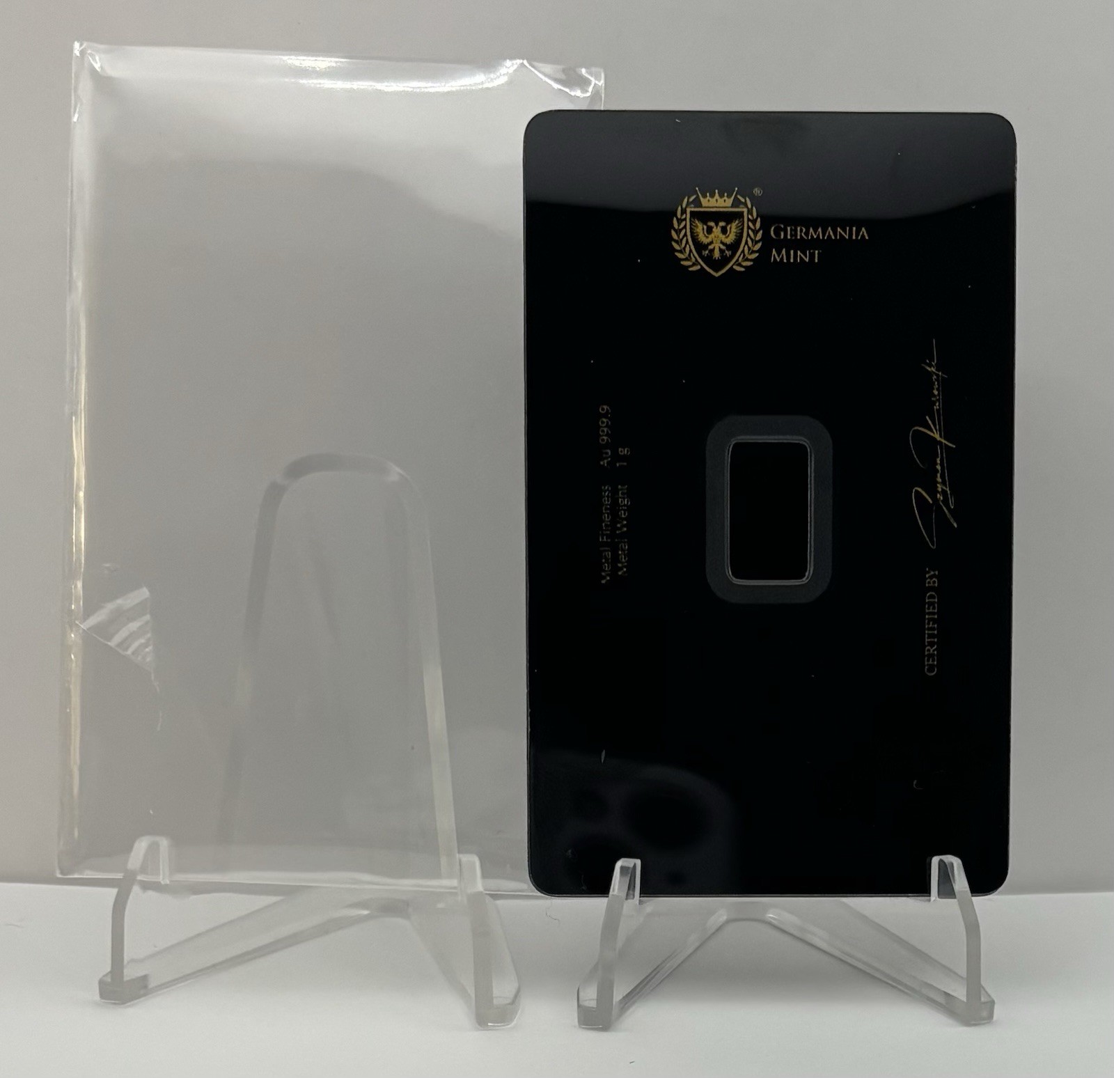 Germania Mint 1g Gold 999.9 Bullion Bar in Assay Black Label