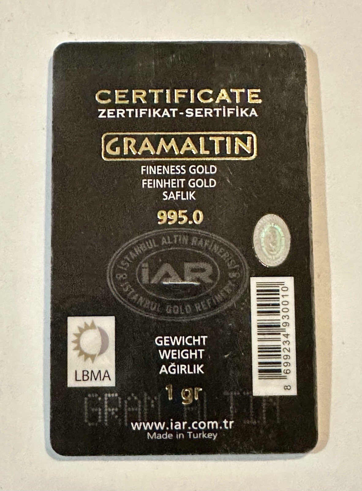 1 gram IGR .9999 Fine Gold Bar – Istanbul Gold Refinery – Sealed Assay