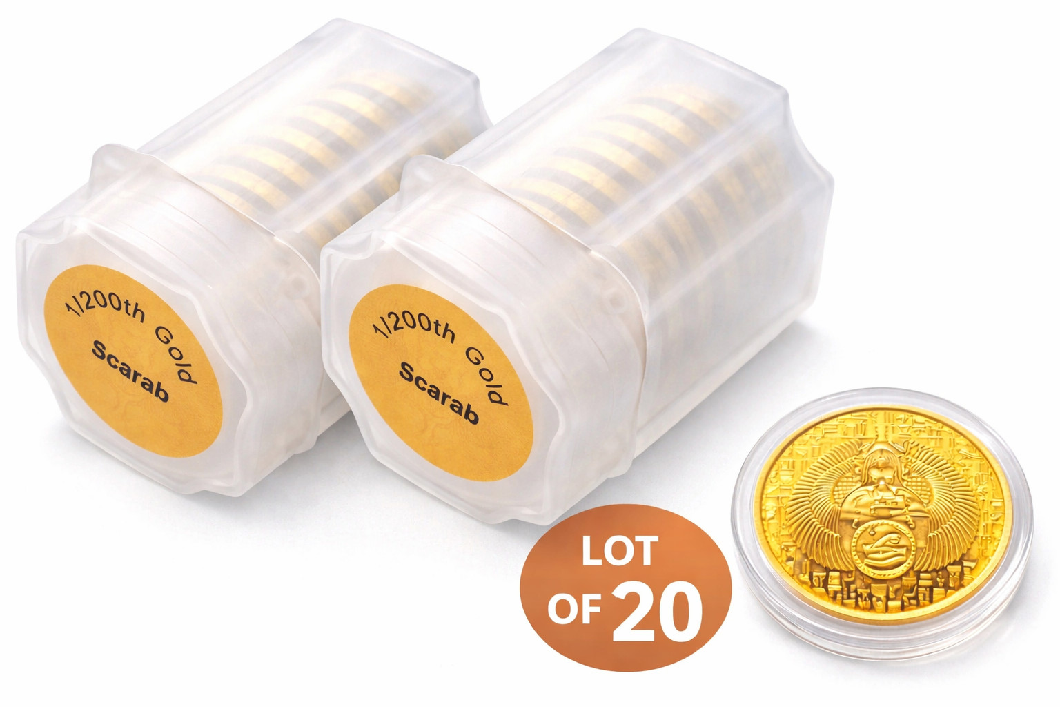TUBE of 20 – 1/200 oz .999 Pure Gold Egyptian Scarab Round 24K Fine Gold Bullion