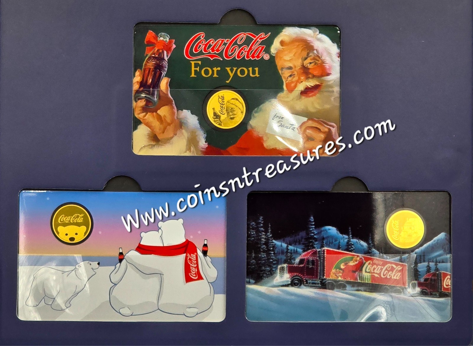 Coca Cola Christmas 1/1000 Oz 999 Gold 3 coin cards Album
