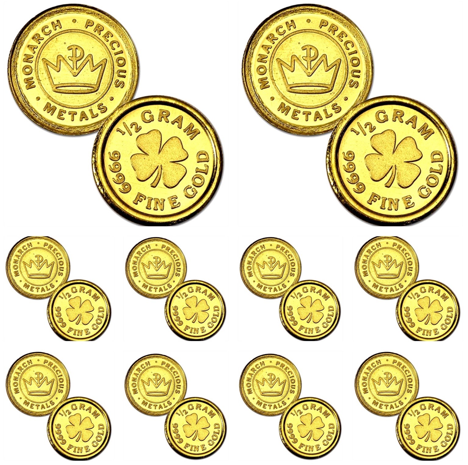 LOT 10 X 1/2 GRAM MONARCH LUCKY FOUR LEAF CLOVER .9999 GOLD ROUNDS IN CAPSULE BU
