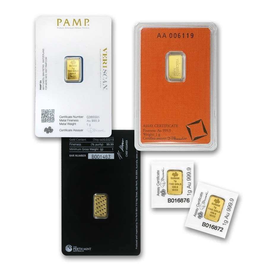 1 gram Gold Bar (Carded Brand Varies) – PAMP, Valcambi, IGR, Royal Mint, Perth