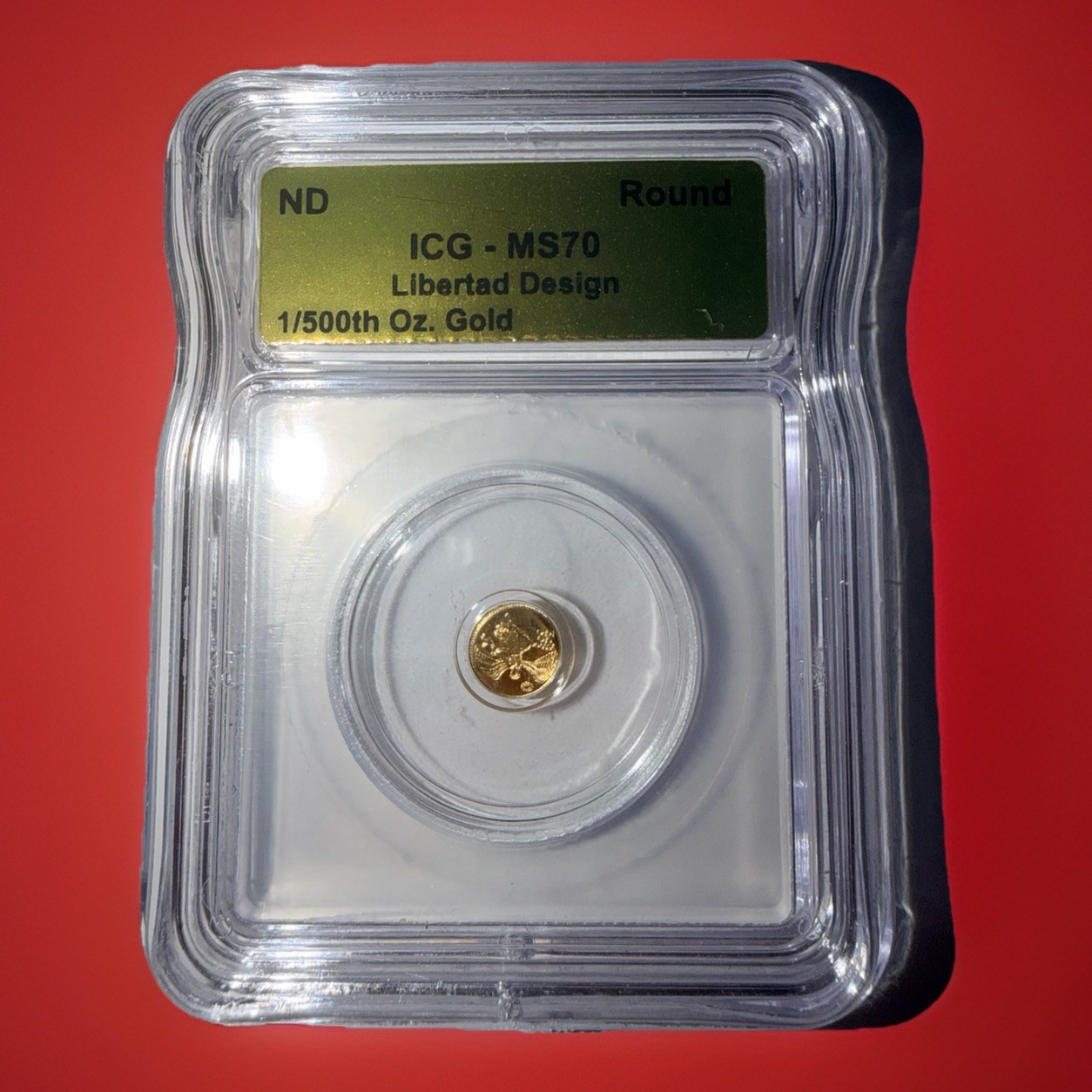 Gold Libertad Design Round 1/500th oz .9999 Fine Gold ICG MS70 – Gold Foil Label