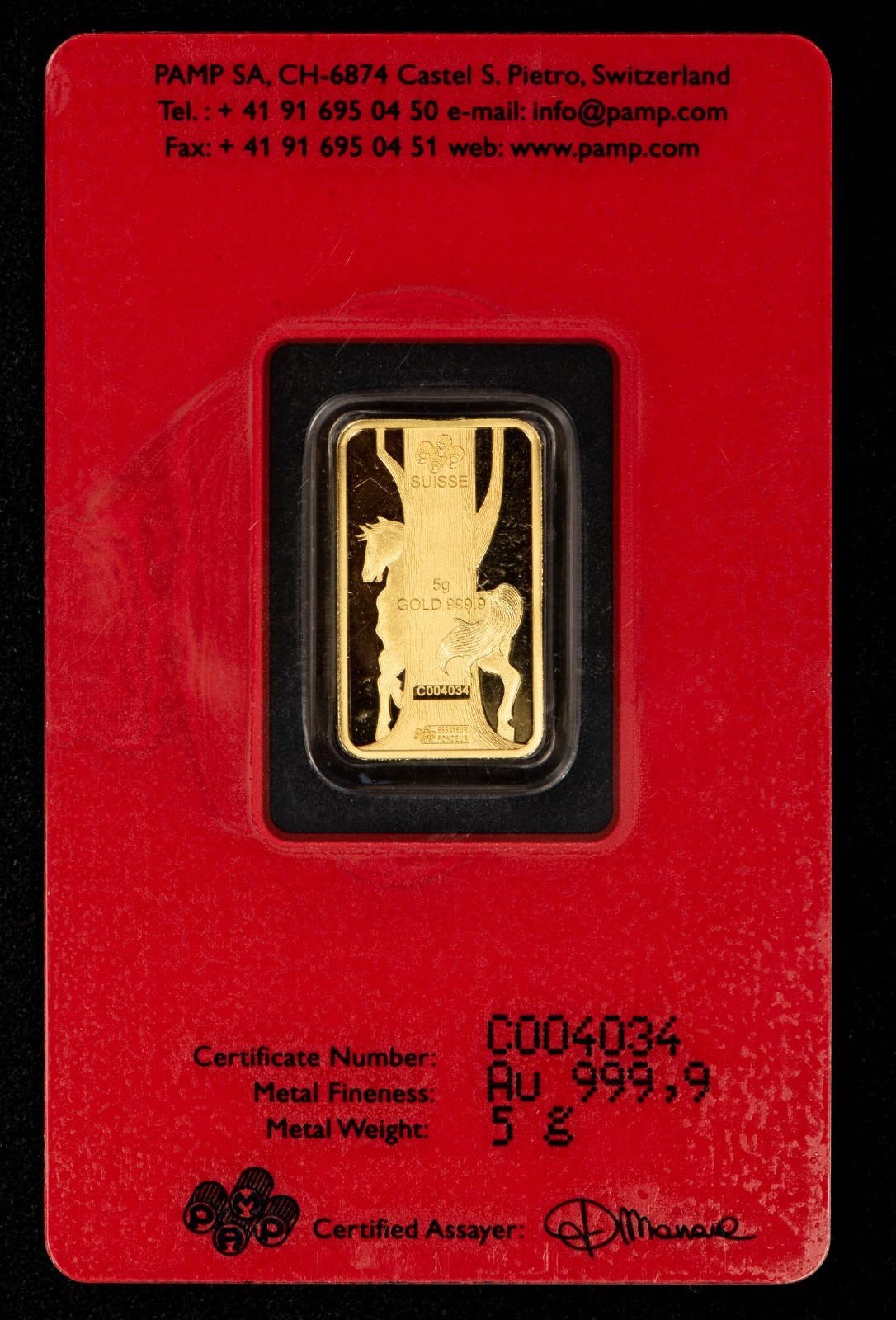 PAMP Suisse 5 gram Gold Bar – Lunar Horse 2014 – ASSAY CoA Card – SKU-G6500