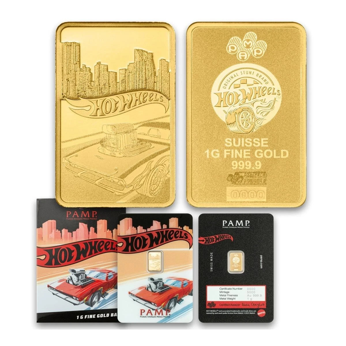 2025 PAMP Suisse Hot Wheels™ Race to Win 1g Pure Gold Bar – Assay Card (/5,000)