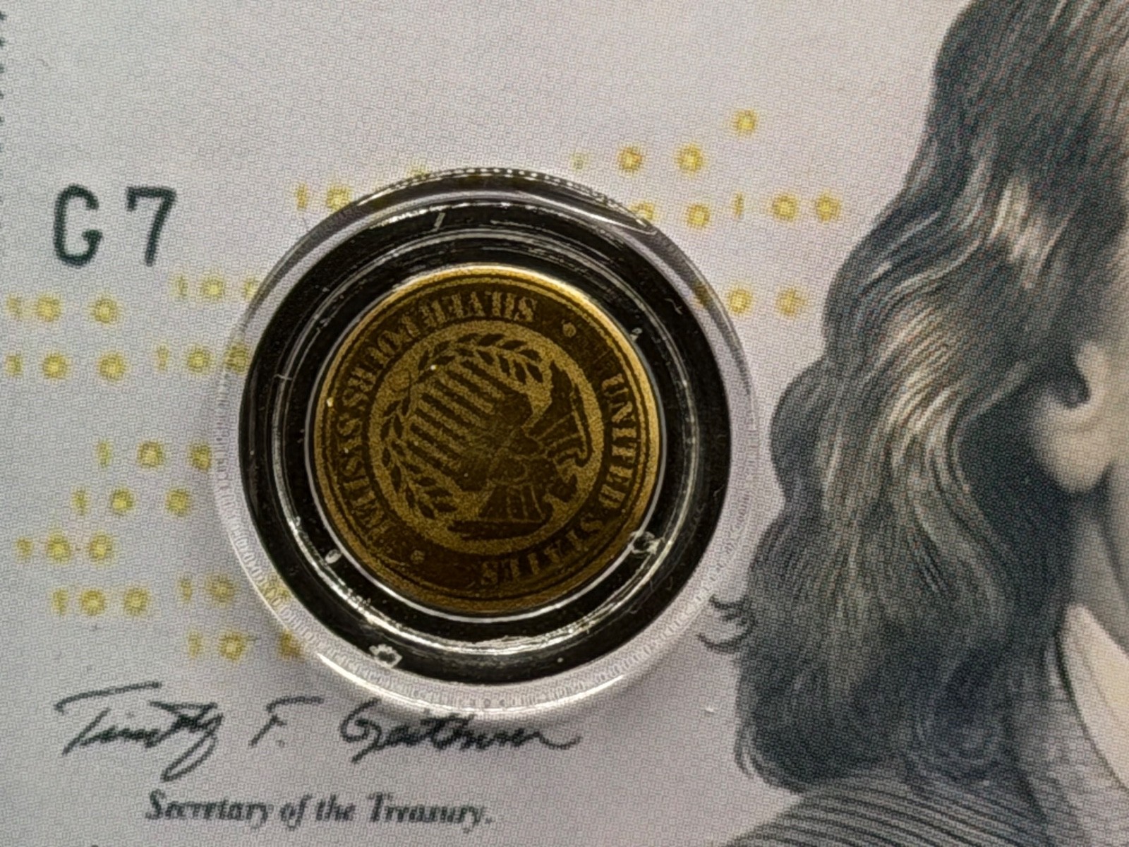 1/1000 oz Gold Coin Card 9999 Fine Gold 100 Dollar Bill Flag Theme