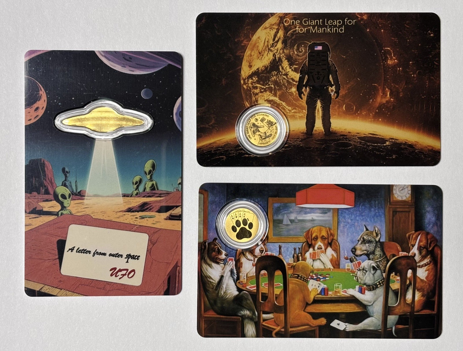Lot of 3 – 1/1000th oz Gold Rounds Mix ~ UFO, Moon Landing, Poker Dogs ~