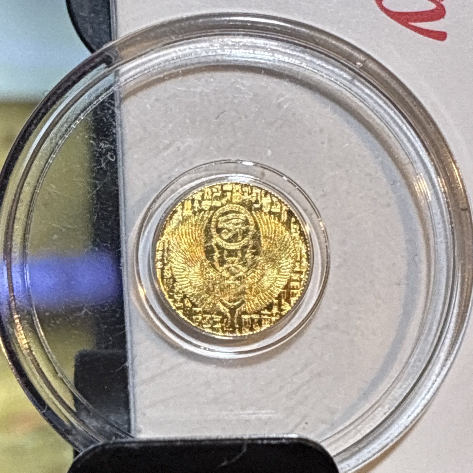 1/200th oz .9999 Pure Gold Monarch Egyptian Scarab Anhk Encapsulated Round.