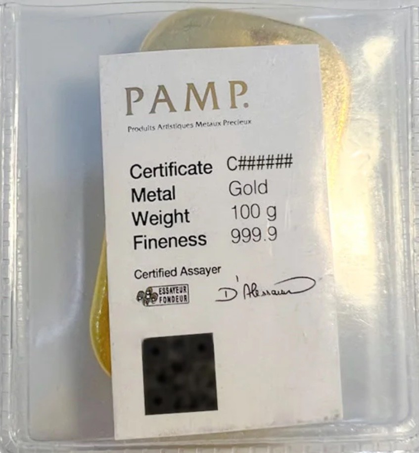 100 gram Gold Bar – PAMP Suisse – Poured – 999.9 Fine with Assay