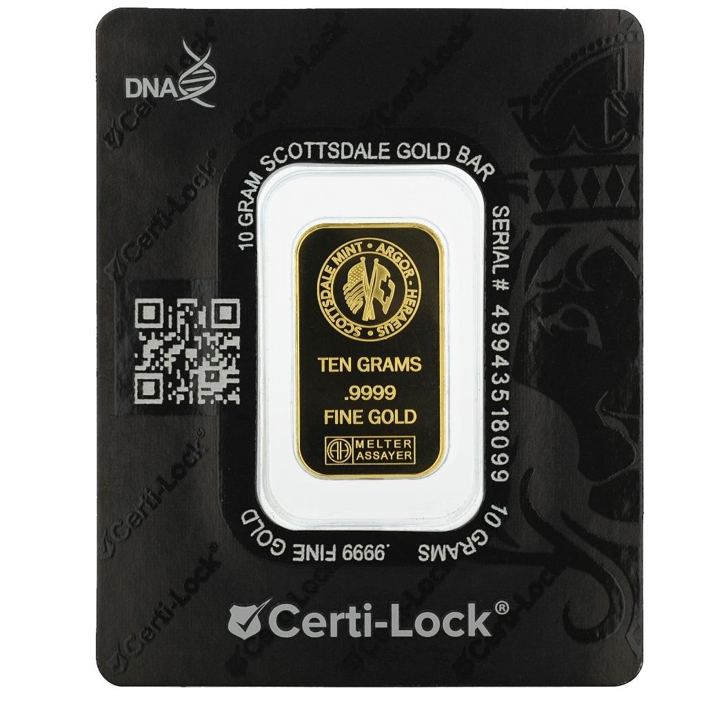 10 gram .9999 Gold Bar – Sealed in Certi-LOCK COA by Scottsdale Mint #A376