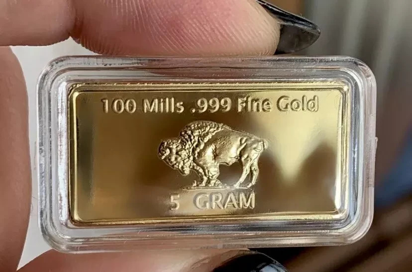 5 GRAM INGOT 100 MILLS AMERICAN BUFFALO GOLD PLATED FINE GOLD 999/1000