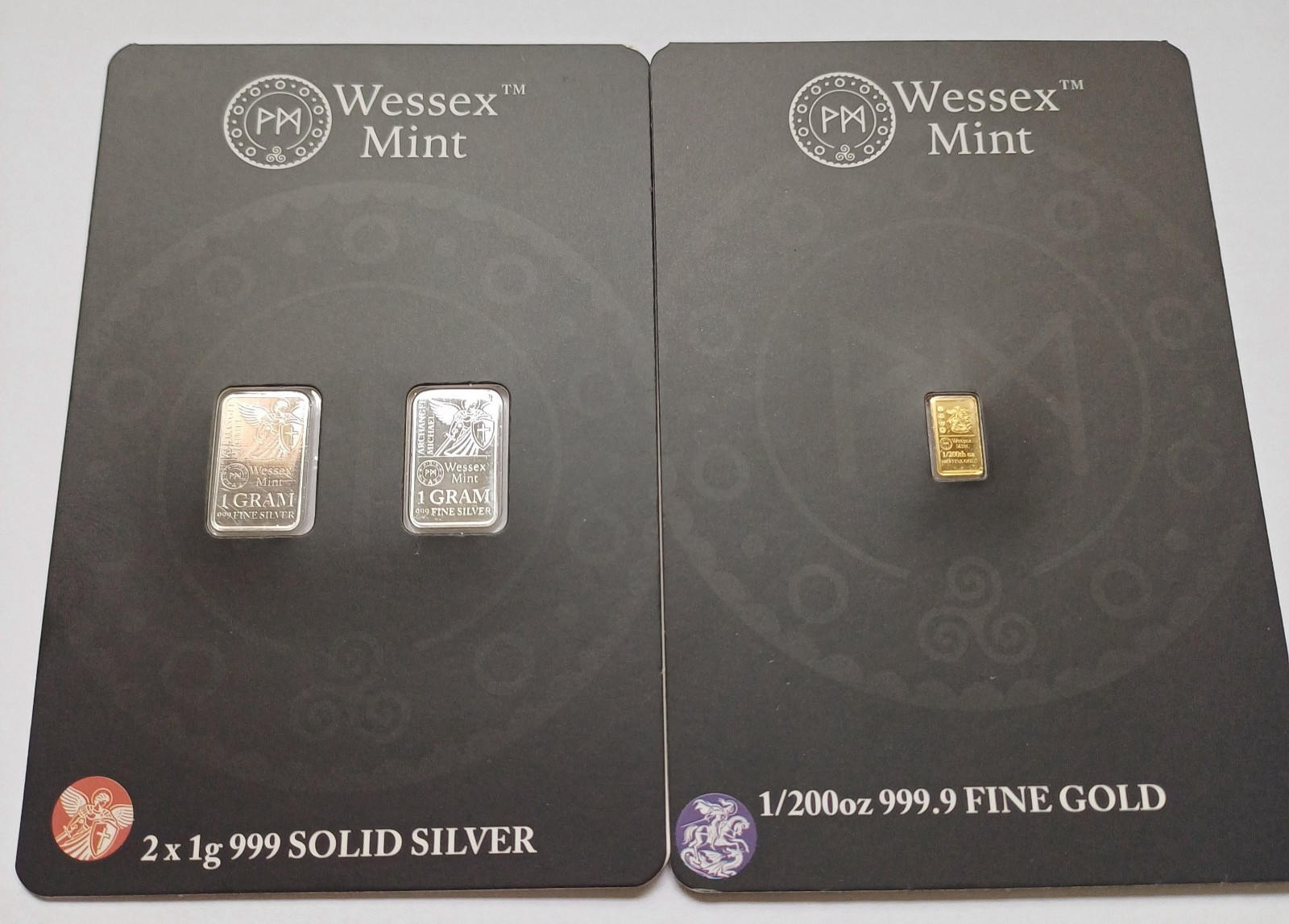 Wessex Mint 1/200th oz George & the Dragon Gold .999 Bar & Silver x 2 1g Bars