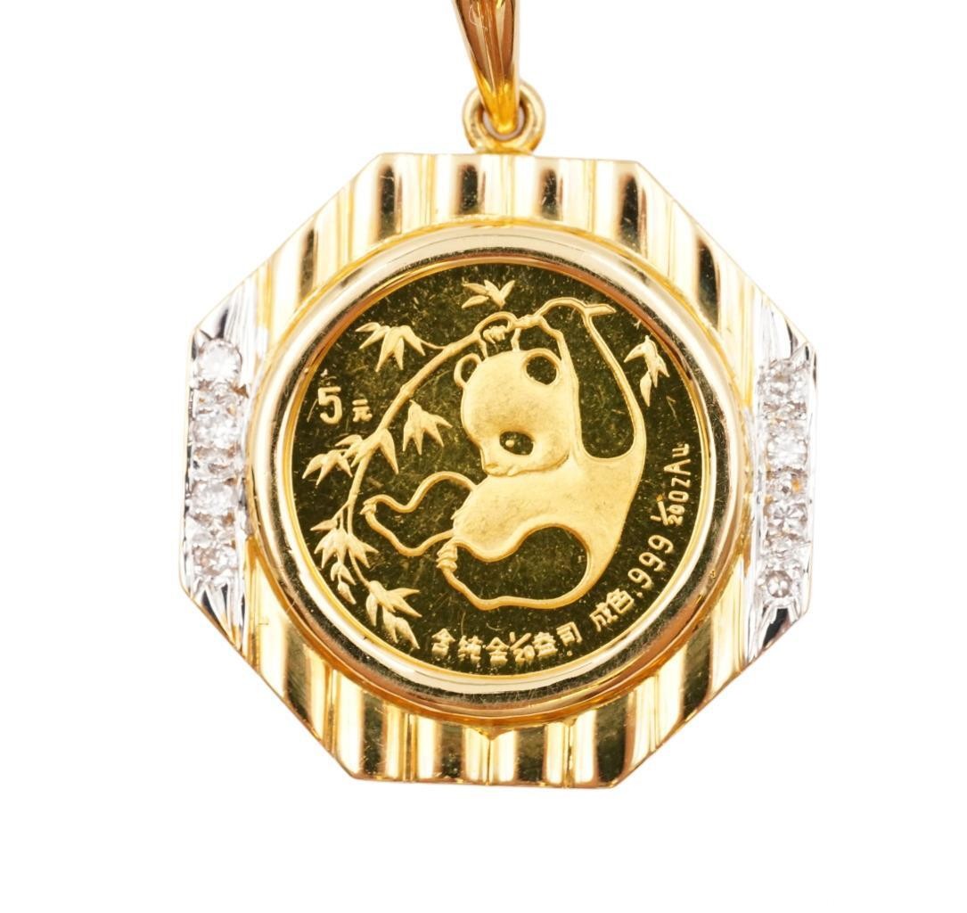1985 China 1/20 Gold Panda .999 Pure 5 Yuan Gold Coin with 18K Diamond Bezel