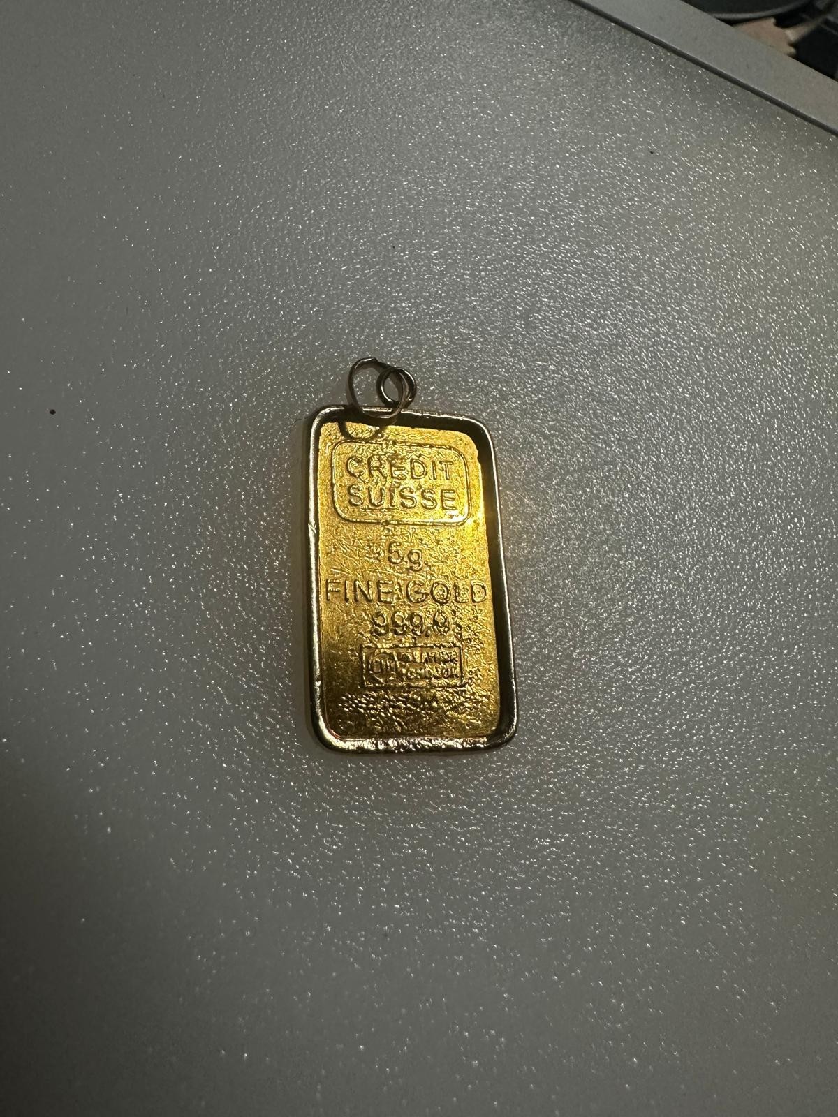 Vintage 1979 Credit Suisse 5g .9999 Gold Bar w/ Assay Cert & 14K Bezel Pendant