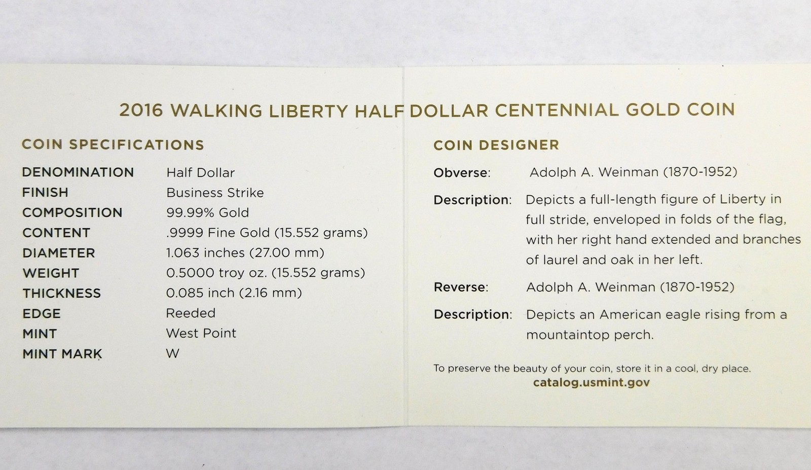 2016 W Walking Liberty Centennial $50 Gold Coin 1/2 oz .9999 US Mint