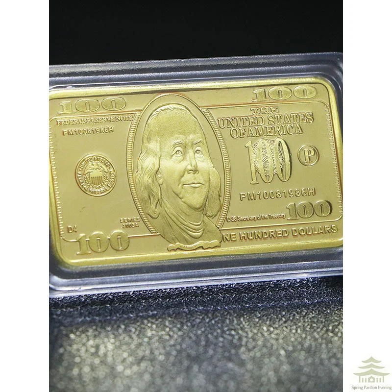 USA 100 Dollar Gold Tone Commemorative Souvenir Bar Metal Collectible w/Gift Box