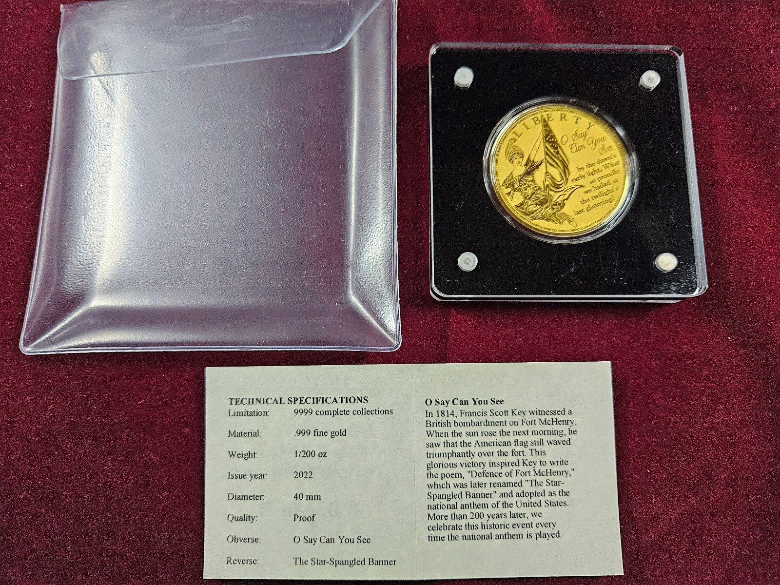 🌟 2022 American Mint STAR SPANGLED BANNER Eagle 1/200 oz .999 Gold Proof Round