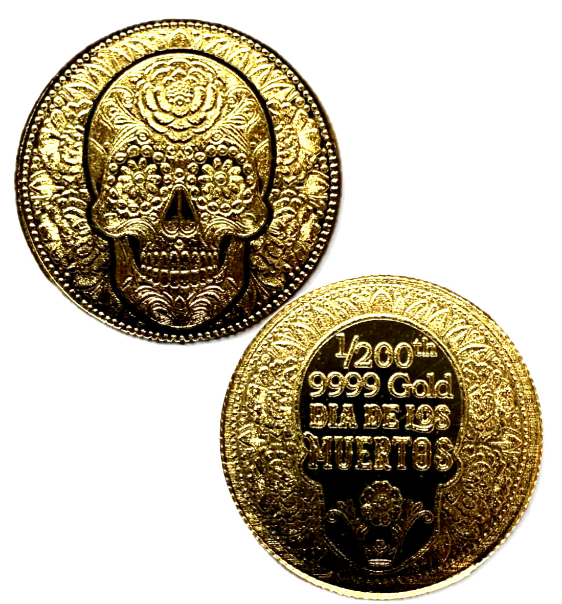 LOT X 2 MONARCH DAY OF THE DEAD 1/200 OZ .9999 FINE GOLD ROUNDS IN CAPSULE BU