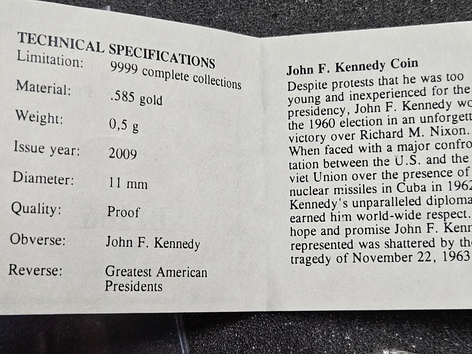 🌟2009 AMERICAN MINT 1/2 g 14k Gold 0.585 Round JOHN F. KENNEDY JFK PRESIDENTS