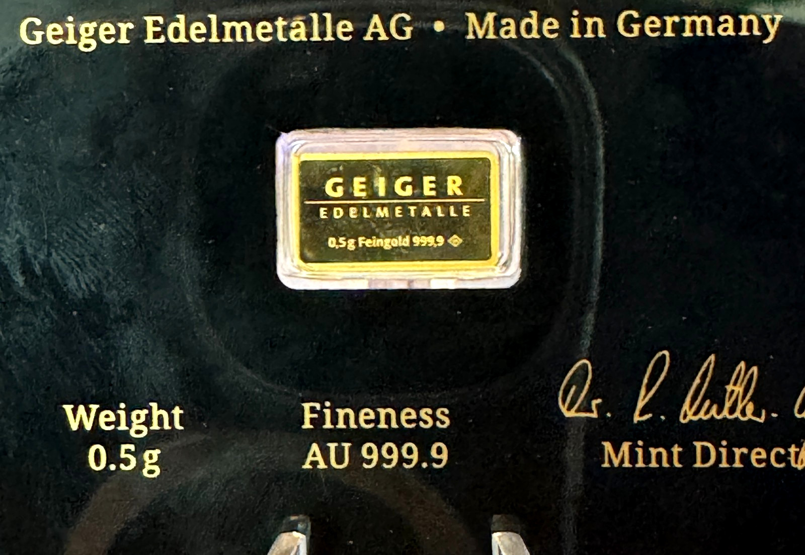 Geiger Schloss Guldengossa Vintage Edition Carded Gold Bar .5 Gram .999 Fine