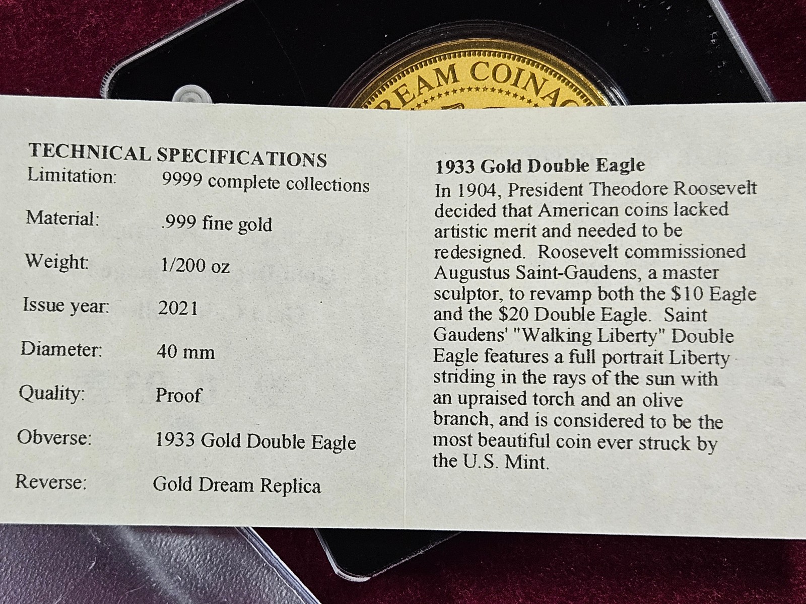 🌟 2021 American Mint 1933 DOULBE EAGLE 1/200 oz .999 Gold Proof Round