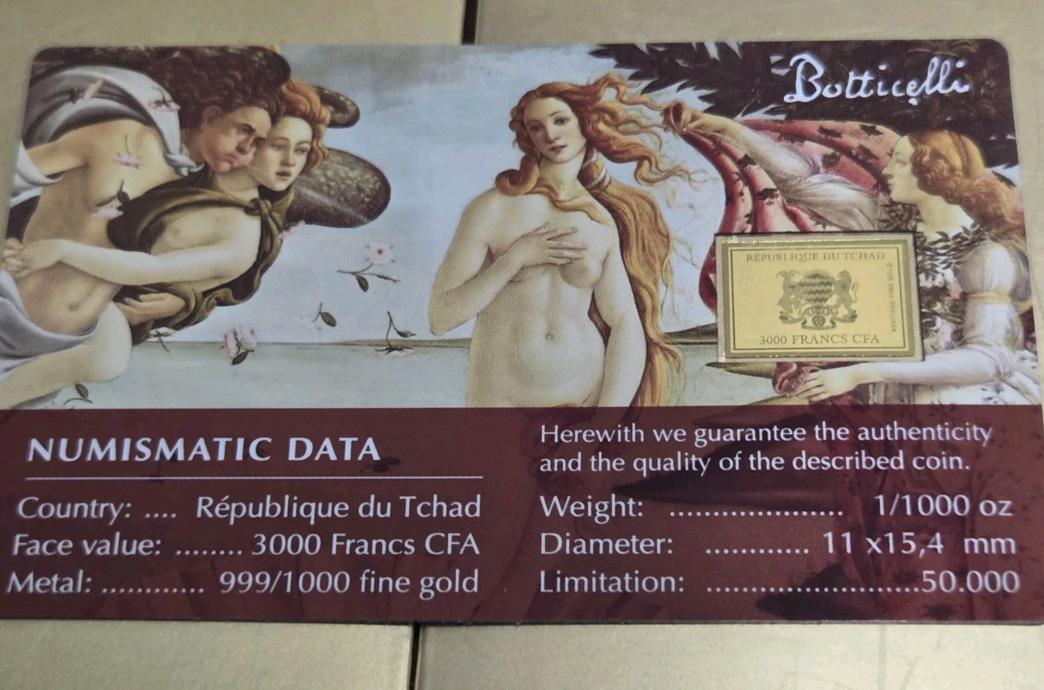 BOTTICELLI Birth Of Venus 999 GOLD 1/1000 oz Republic of Chad Coin