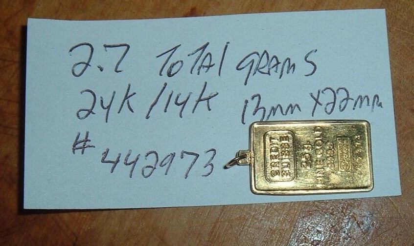 24K GOLD Credit Suisse 999.9 FINE 2.5 INGOT BAR 585 14K PENDANT BEZEL CHAIN 2.7g