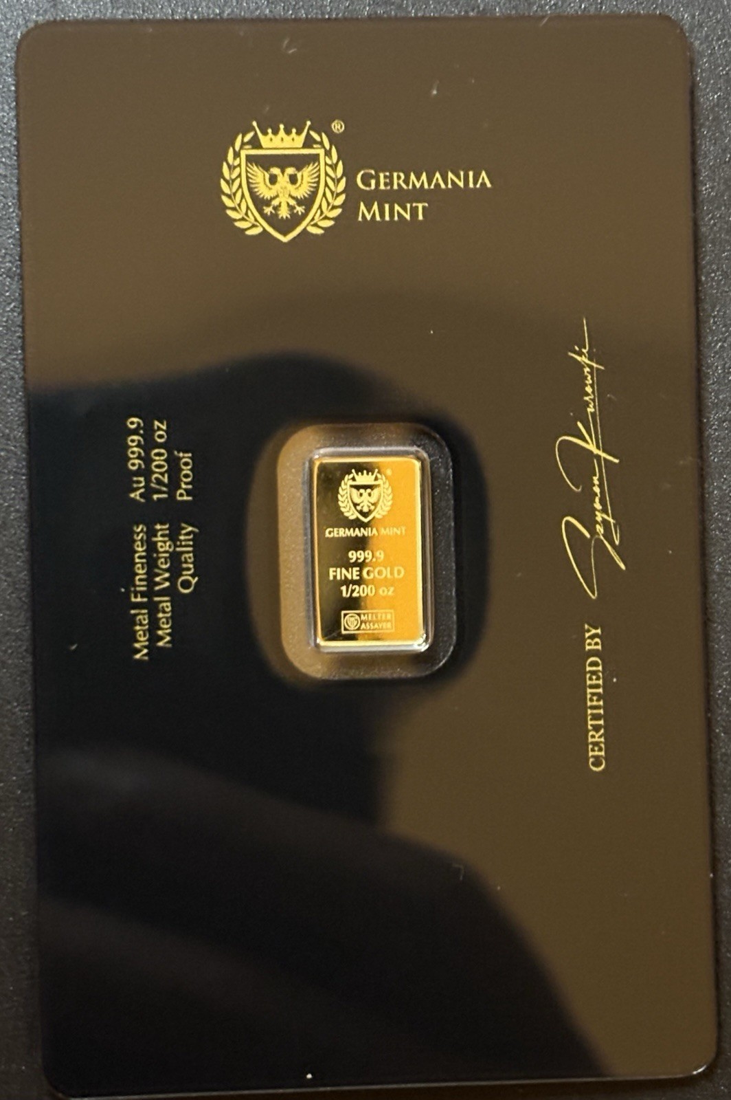 Germania Mint Lady Germania Minted 1/200 oz Gold Bar in Assay Card