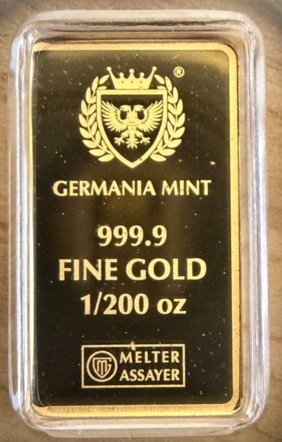 1/200 oz Gold Bar Germania Mint .9999 Fine Gold Proof w/ Assay Card Certified