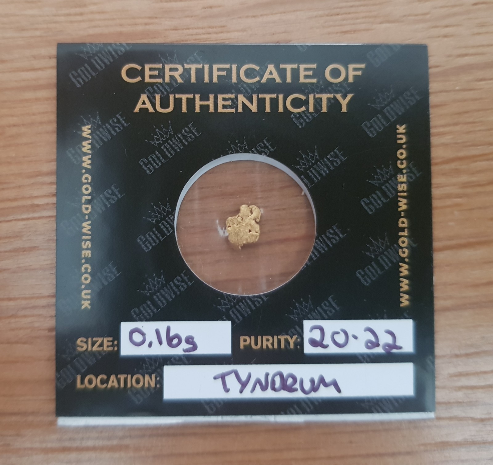 Scottish Gold Nugget Hand Panned by Goldwise 0.16g in COA