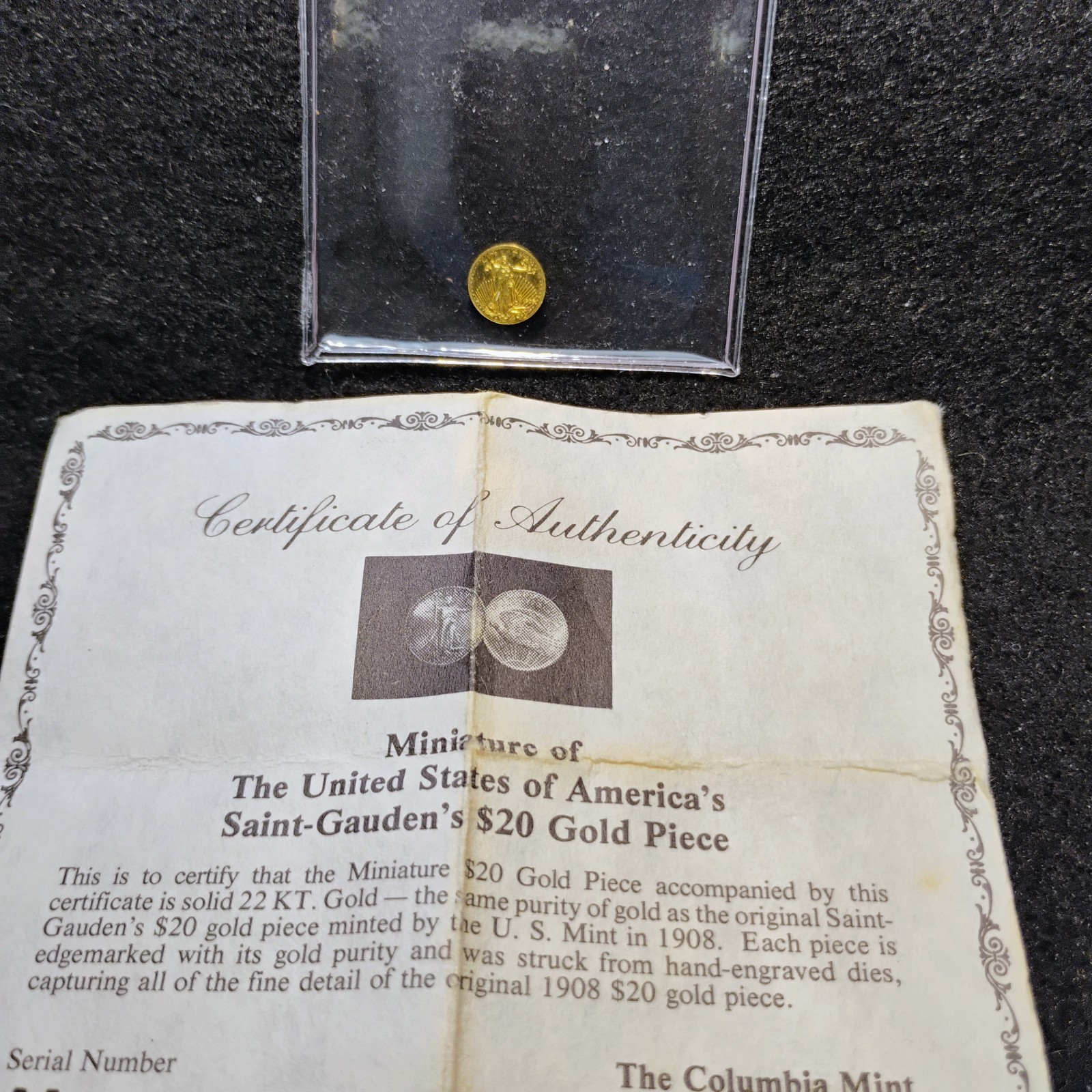 1908 ST.GAUDENS $20 GOLD MINITURE ~ 22K GOLD ROUND ~ COLUMBIA MINT ~ COA