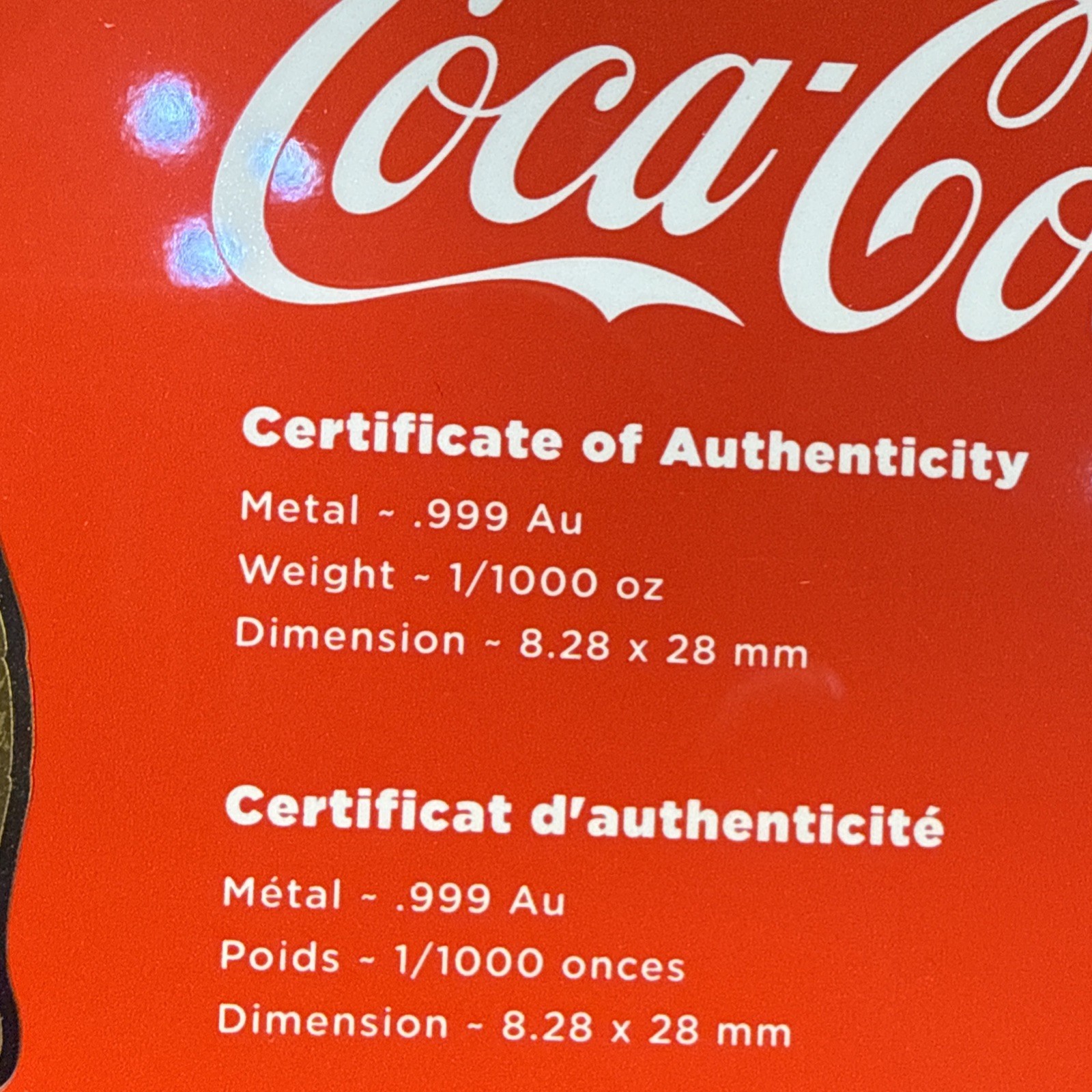 1/1000TH OZ GOLD CON CARD COCA COLA ICONIC BOTTLES